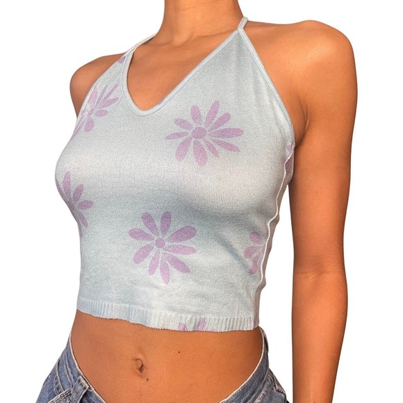 Vintage 00s Baby Blue Knit Top with Silk Applique (S)